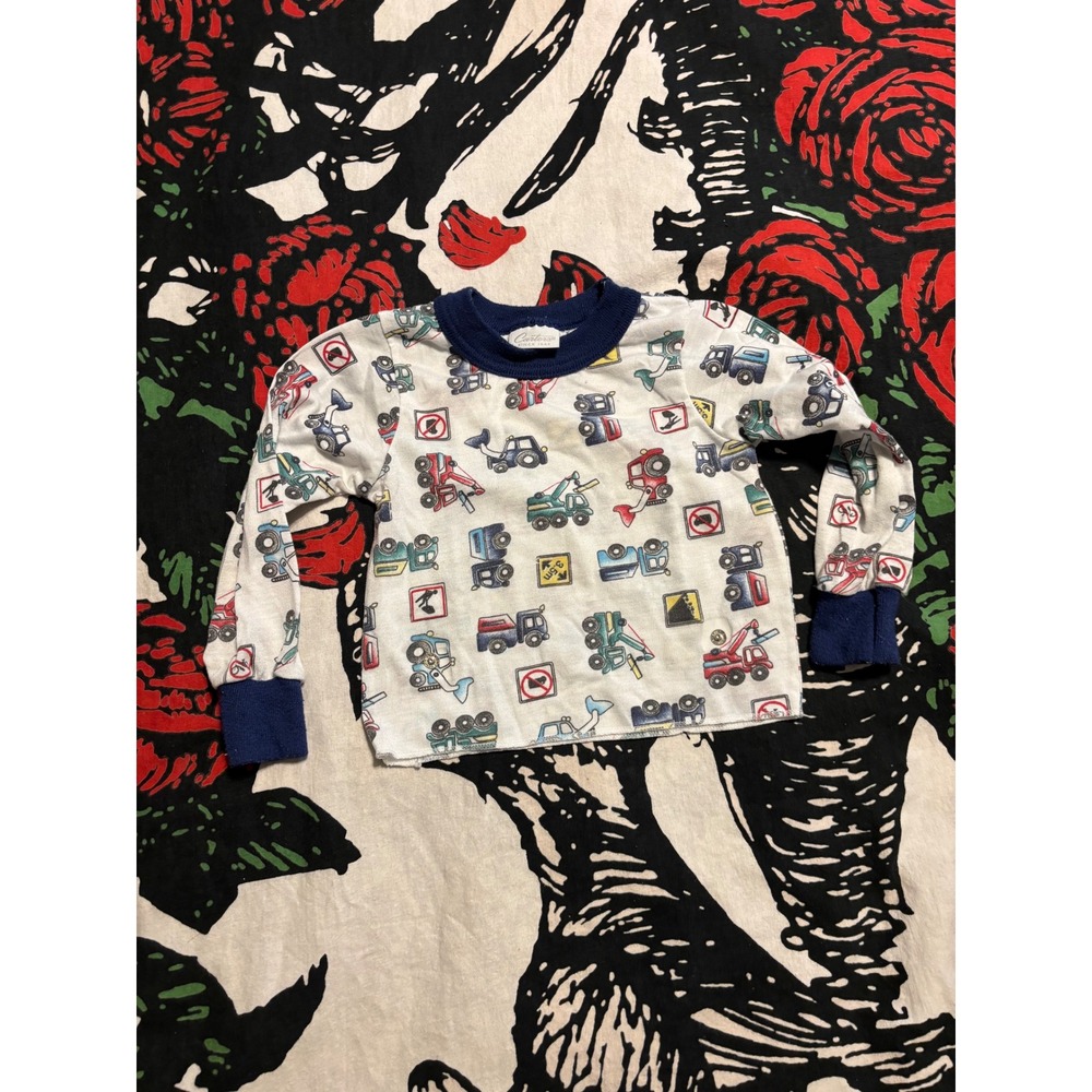 Vintage Carters Kids Construction Truck Print Long Sleeve Shirt Blue White 2T
